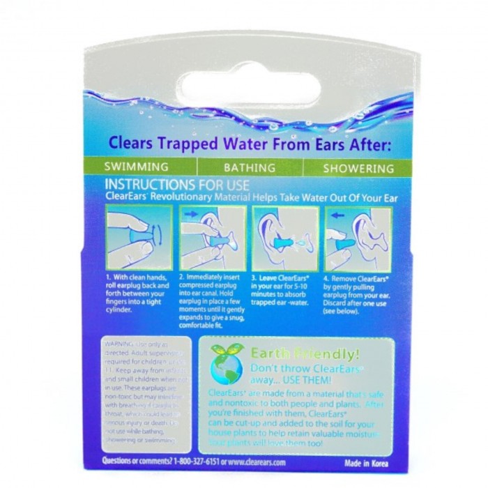 CLEAR EARS Patented Trapped Ear Water Absorbing Removal Earplugs